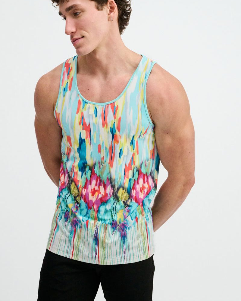 TEAL/MULTI DRIPS PRINTED STRETCH MESH TANK ST-11150