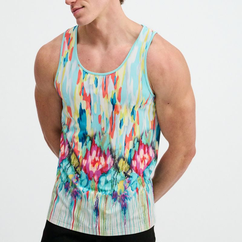 TEAL/MULTI DRIPS PRINTED STRETCH MESH TANK ST-11150