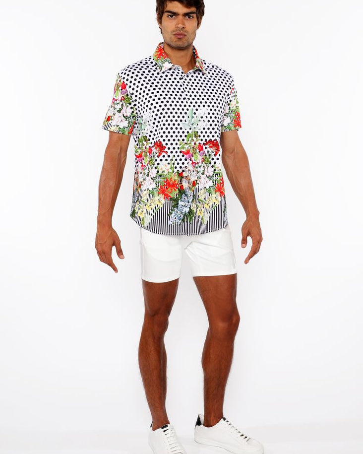 BLACK/WHITE DOTS BORDER PRINT COTTON JERSEY KNIT SHORT SLEEVE SHIRT ST-9345