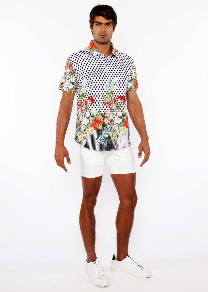 BLACK/WHITE DOTS BORDER PRINT COTTON JERSEY KNIT SHORT SLEEVE SHIRT ST-9345