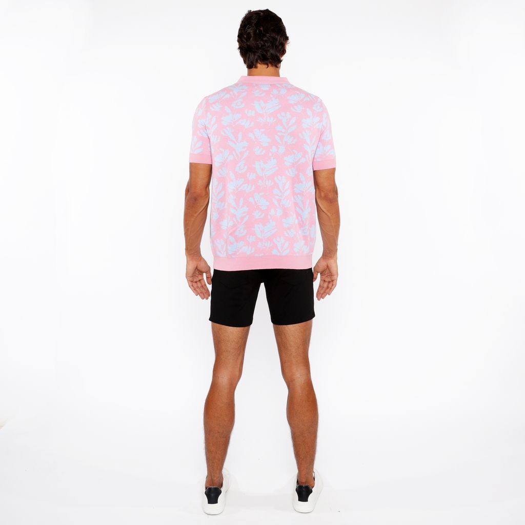 PINK/SKY LEAVES JACQUARD KNIT 3-BUTTON POLO ST-24305
