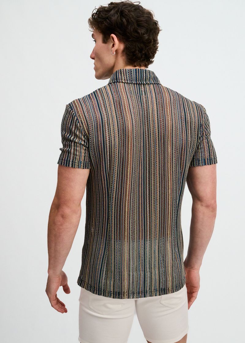 TURQUOISE/KHAKI VERTICAL STRIPE OPEN KNIT SHORT SLEEVE SHIRT ST-24073