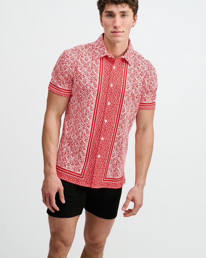 CAYENNE/WHITE DUO-PATTERN EDGE PRINT COTTON KNIT JERSEY SHORT SLEEVE SHIRT ST-9373