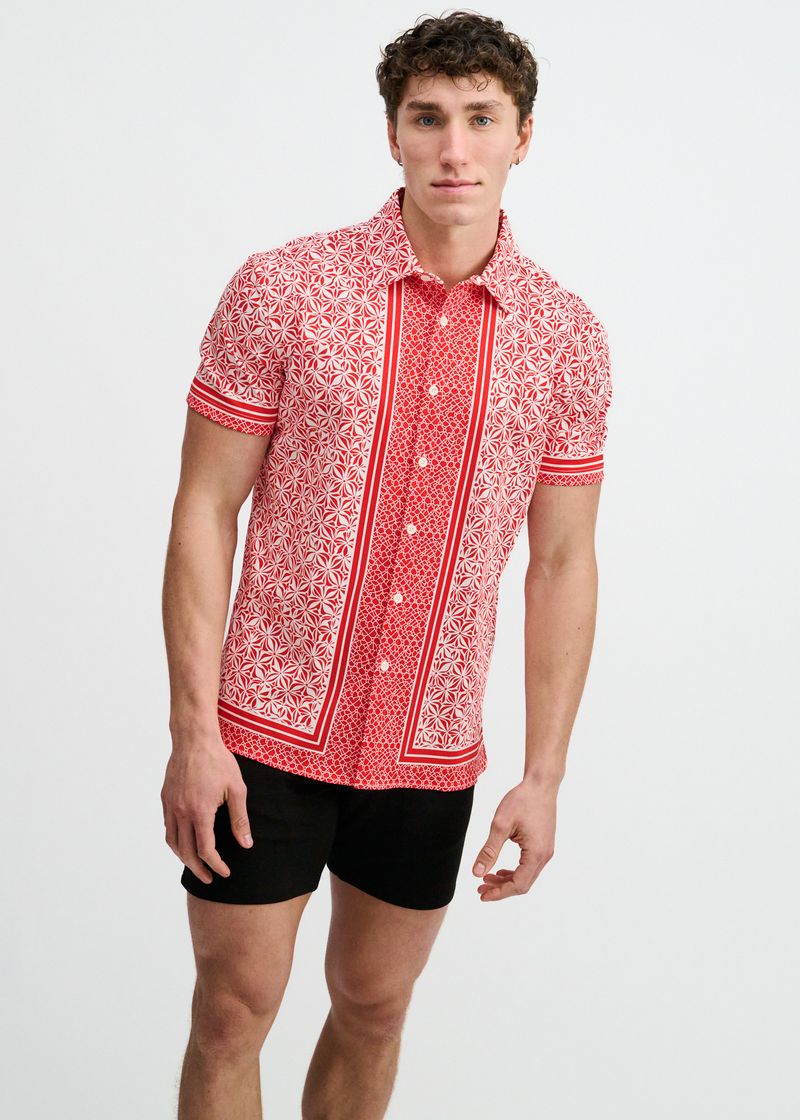 CAYENNE/WHITE DUO-PATTERN EDGE PRINT COTTON KNIT JERSEY SHORT SLEEVE SHIRT ST-9373