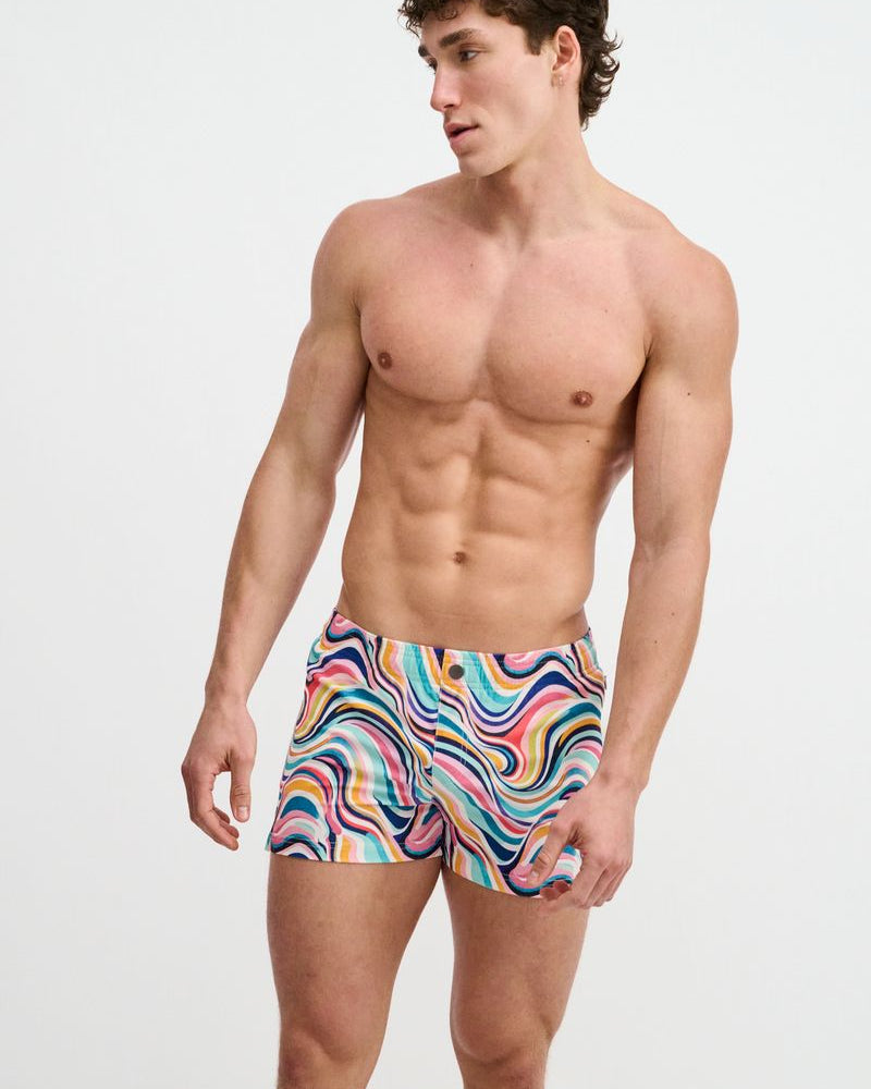 TEAL/MULTI SWIRLS PRINTED SWIM SHORTS W/MESH BRIEF LINING ST-8024-15
