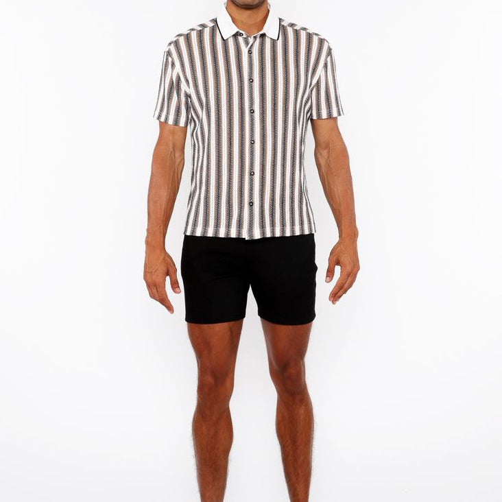 OFF WHITE/MIDNIGHT STRIPE STRETCH OPEN KNIT SHORT SLEEVE SHIRT W/RIB COLLAR ST-24064