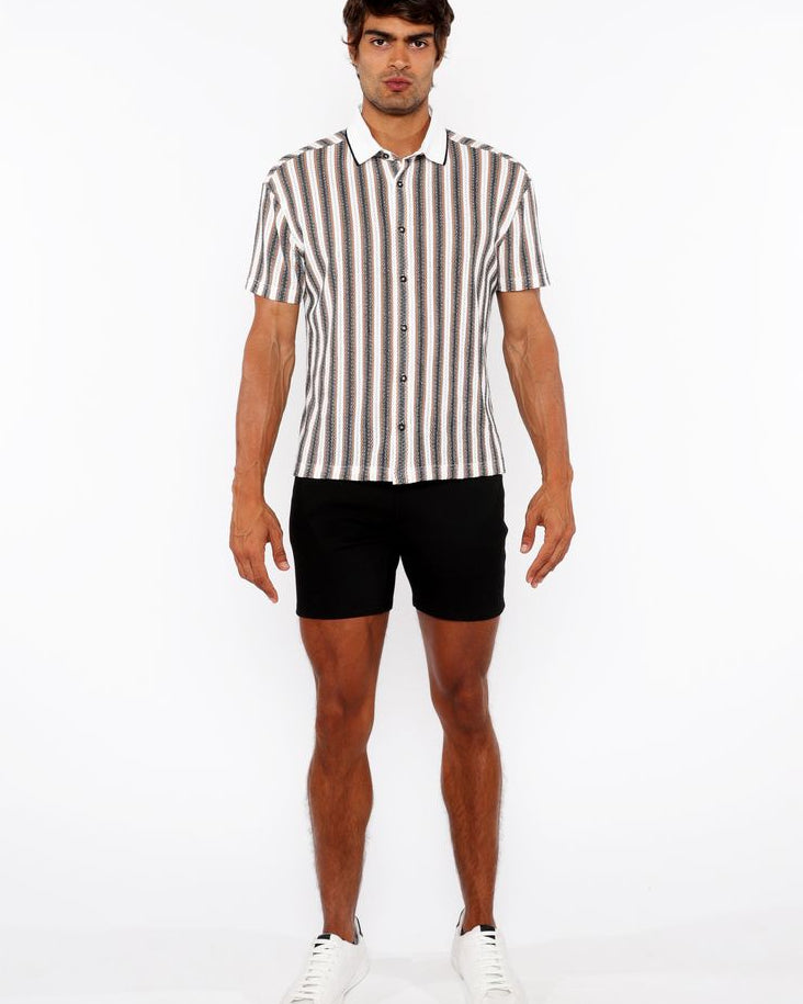 OFF WHITE/MIDNIGHT STRIPE STRETCH OPEN KNIT SHORT SLEEVE SHIRT W/RIB COLLAR ST-24064