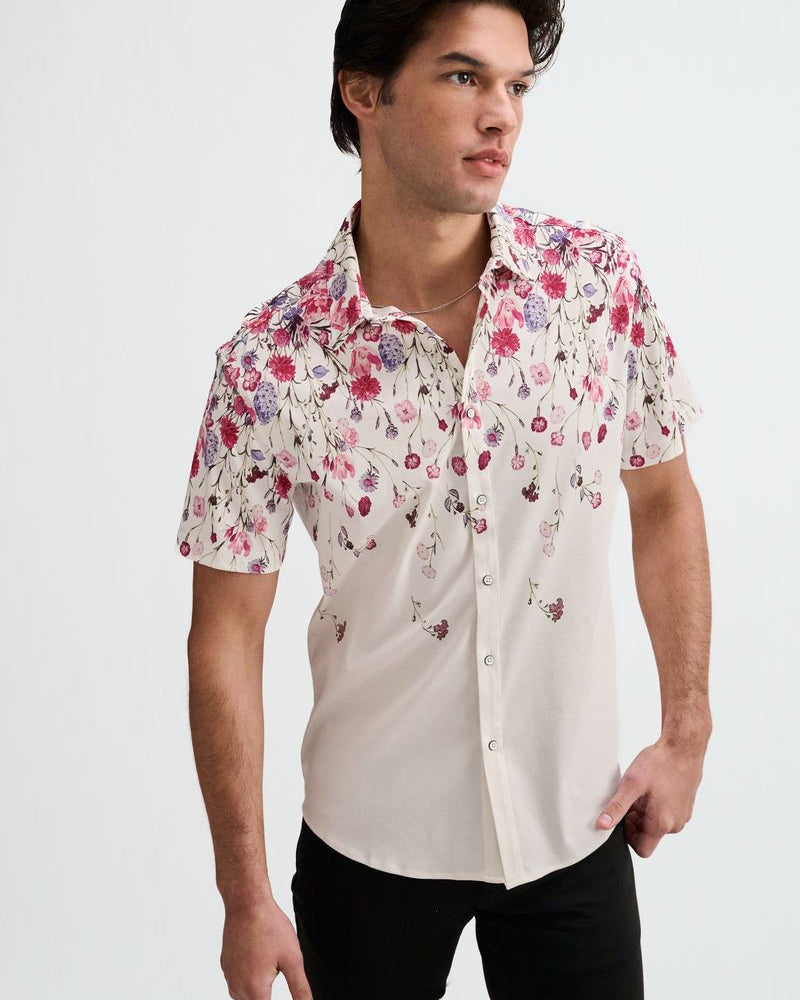 BLUSH/FUCHSIA FLORAL ENGINEERED BORDER PRINT COTTON KNIT JERSEY SHORT SLEEVE SHIRT ST-9348
