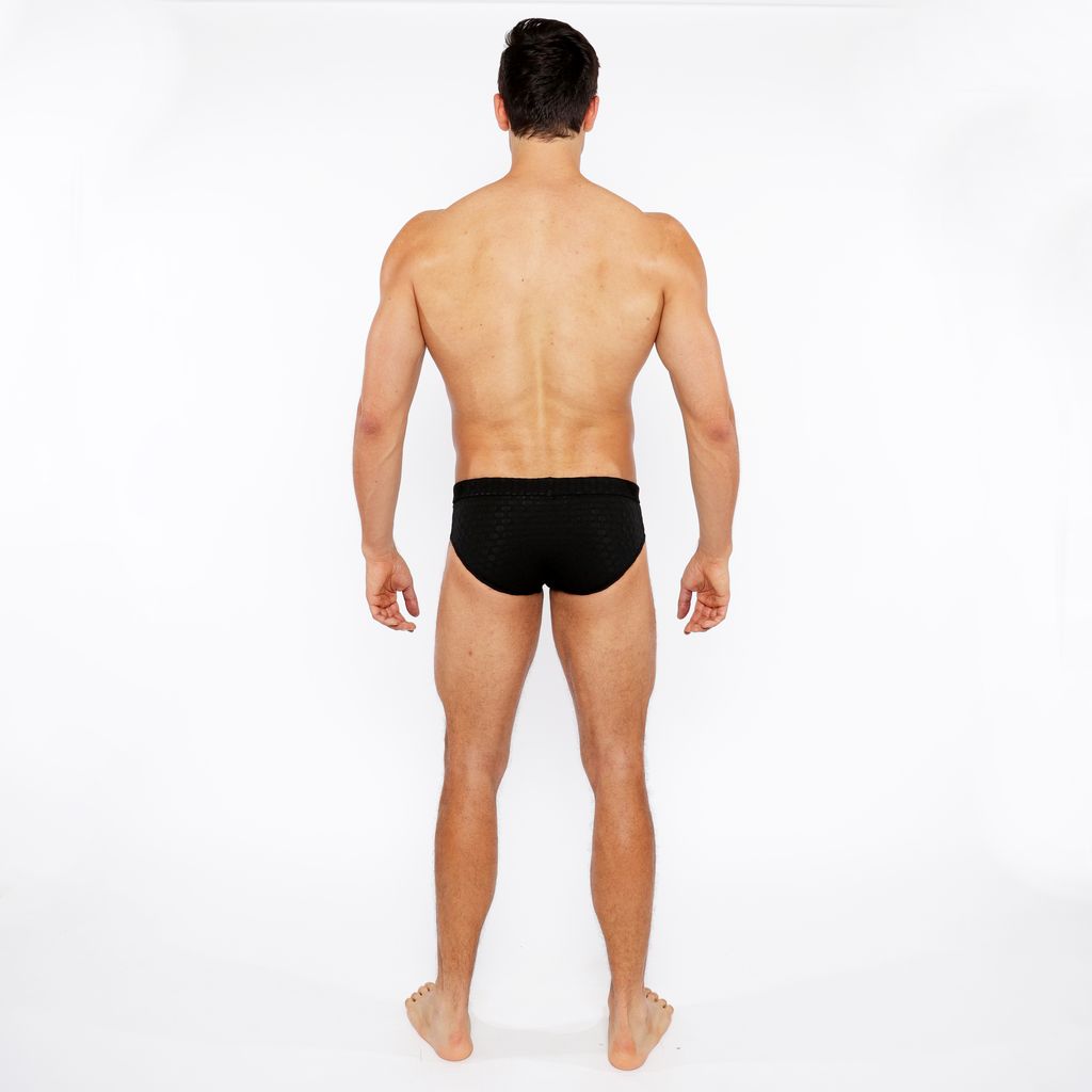 BLACK HEXAGON TEXTURED SWIM BRIEF W/BUCKLE ST-8021-02