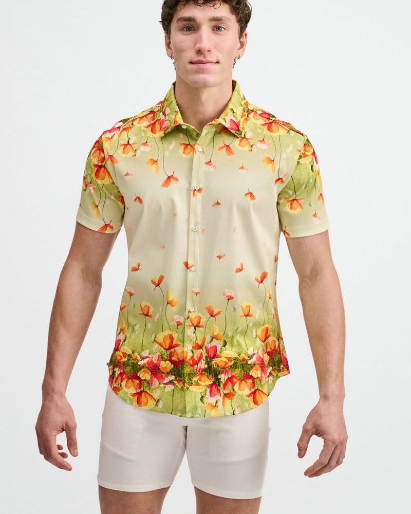 GRASS/ORANGE FLORAL ENGINEERED BORDER PRINT COTTON KNIT JERSEY SHORT SLEEVE SHIRT ST-9350