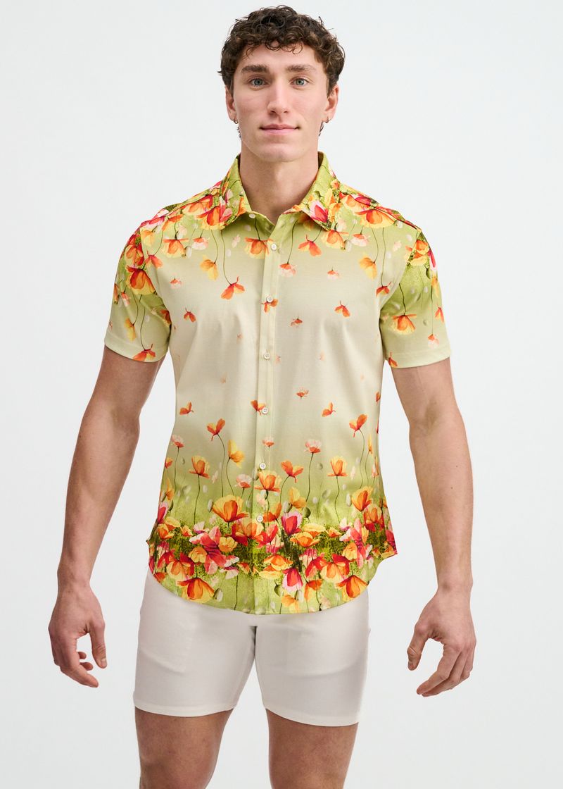 GRASS/ORANGE FLORAL ENGINEERED BORDER PRINT COTTON KNIT JERSEY SHORT SLEEVE SHIRT ST-9350