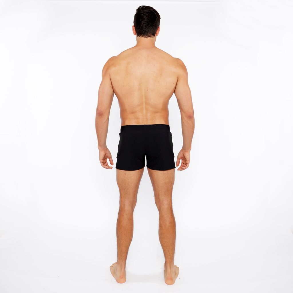 BLACK PINSTRIPE SWIM SHORT W/MESH BRIEF LINING ST-8024-07