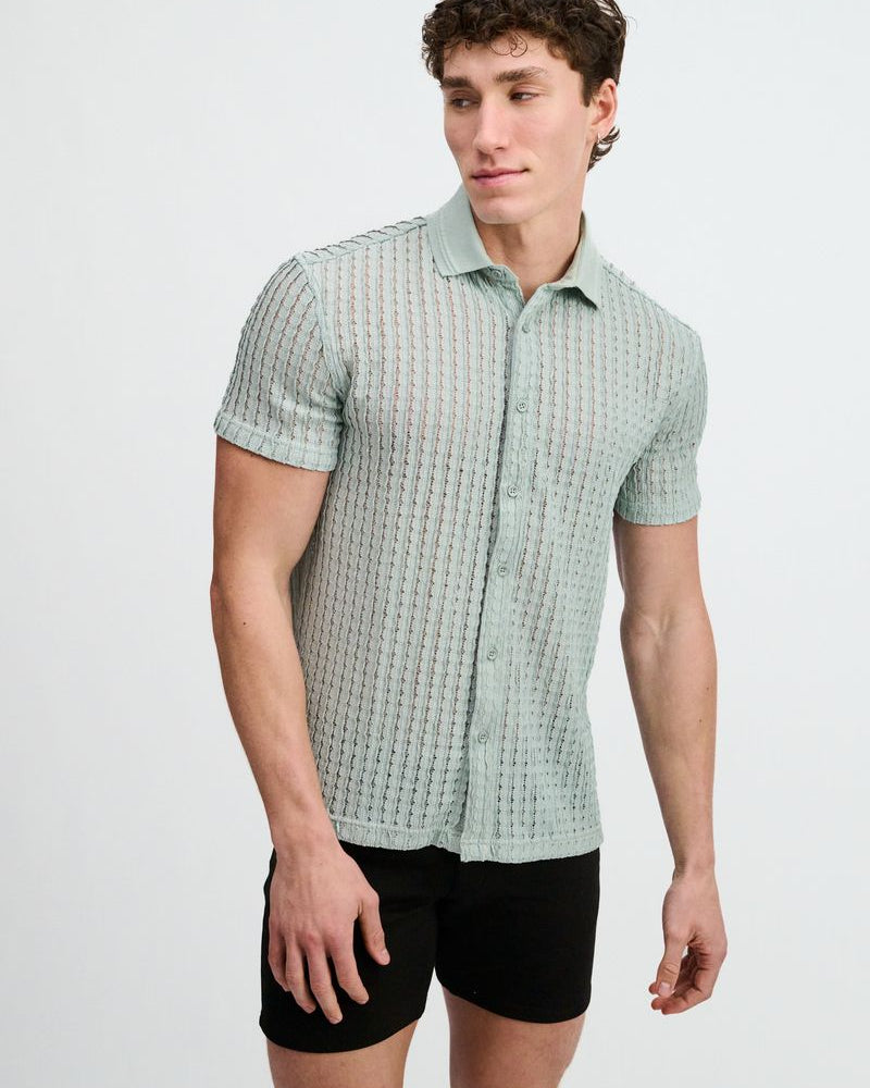 OCEAN OPEN KNIT SHORT SLEEVE SHIRT W/RIB COLLAR ST-24076