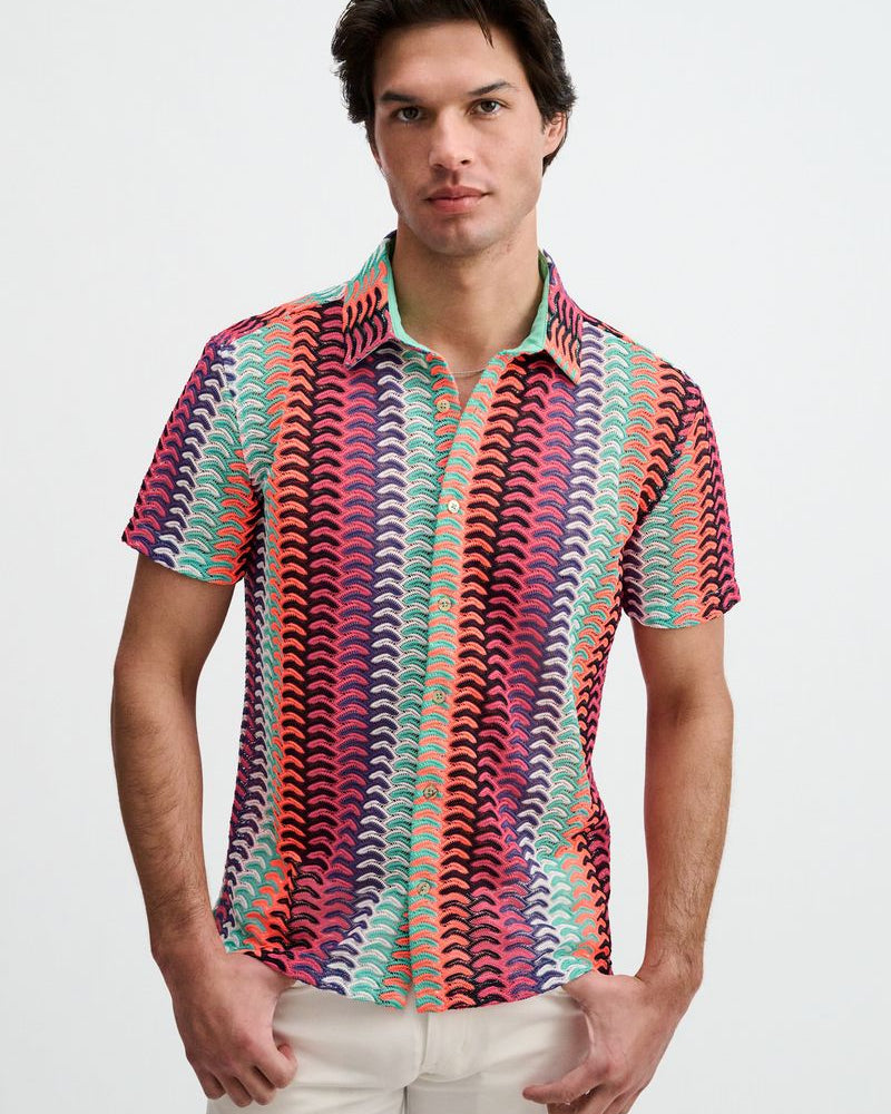 GELATO/FUCHSIA VERTICAL ARROW STRIPE OPEN KNIT SHORT SLEEVE SHIRT ST-24072
