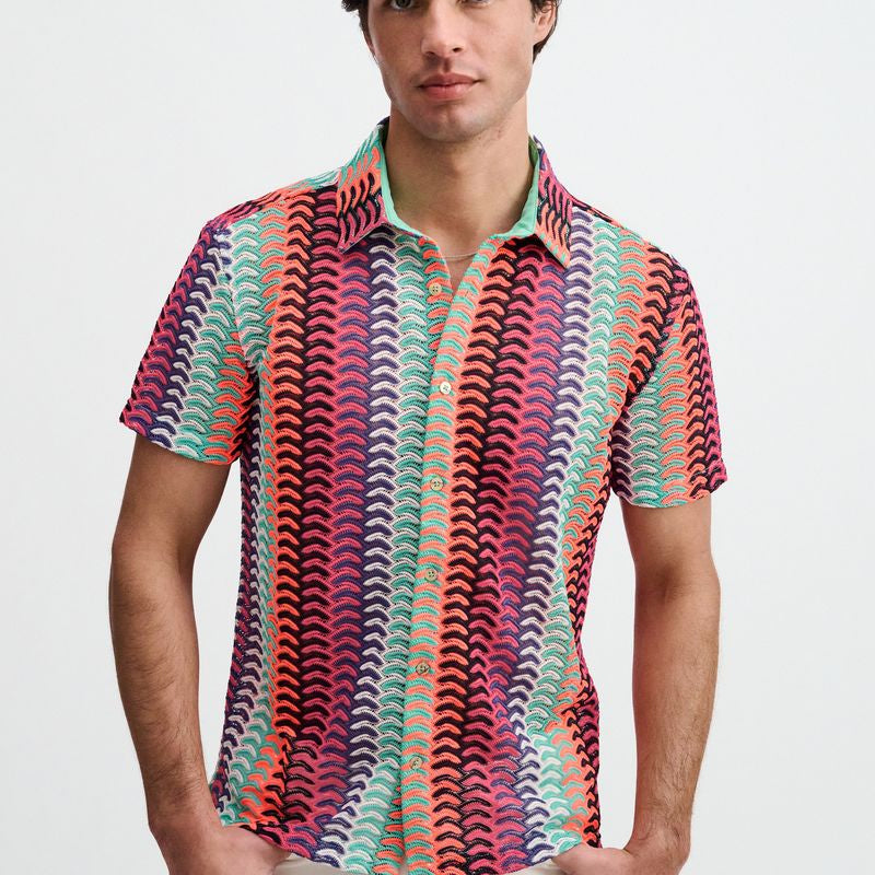 GELATO/FUCHSIA VERTICAL ARROW STRIPE OPEN KNIT SHORT SLEEVE SHIRT ST-24072