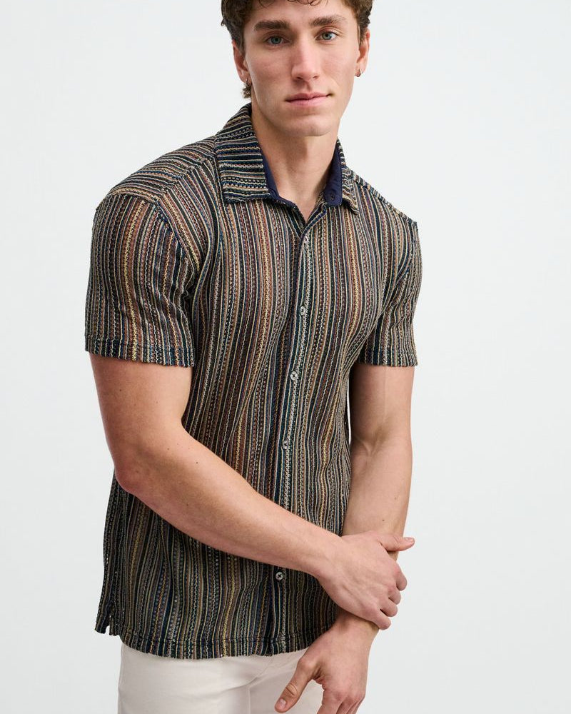 TURQUOISE/KHAKI VERTICAL STRIPE OPEN KNIT SHORT SLEEVE SHIRT ST-24073