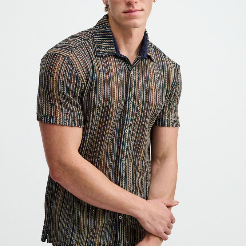 TURQUOISE/KHAKI VERTICAL STRIPE OPEN KNIT SHORT SLEEVE SHIRT ST-24073
