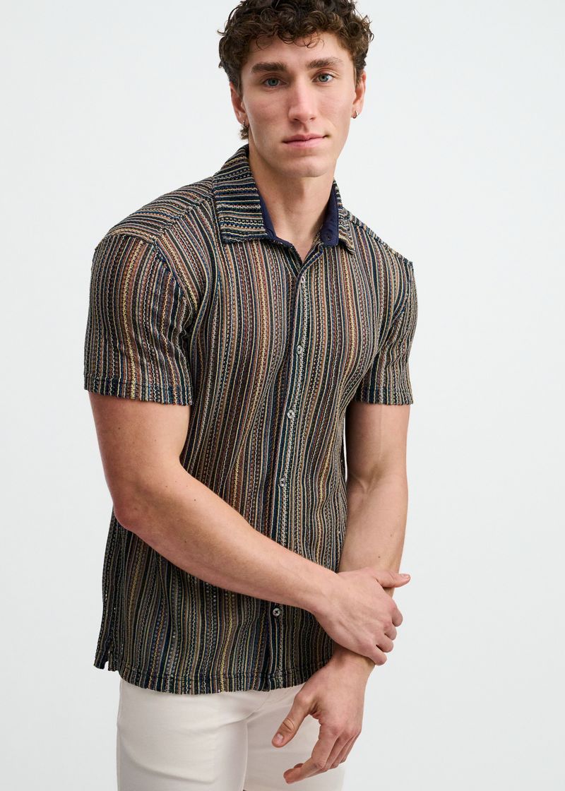 TURQUOISE/KHAKI VERTICAL STRIPE OPEN KNIT SHORT SLEEVE SHIRT ST-24073