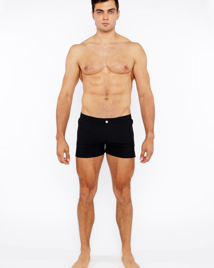 BLACK PINSTRIPE SWIM SHORT W/MESH BRIEF LINING ST-8024-07
