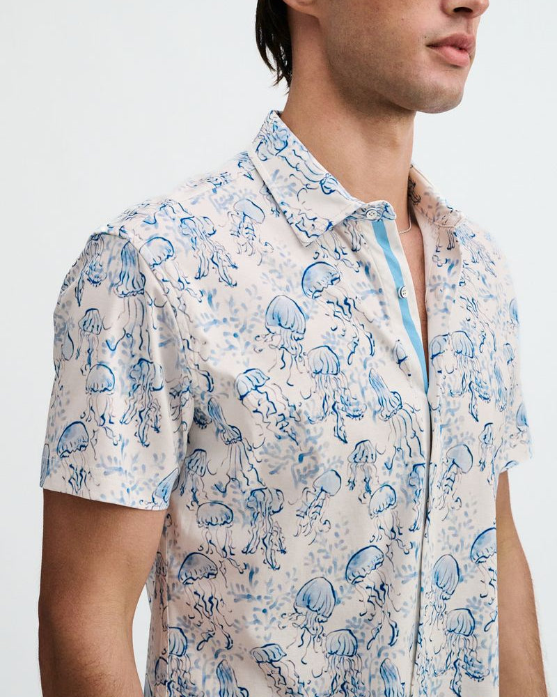 OCEAN/BLUE JELLYFISH PRINTED COTTON KNIT JERSEY SHORT SLEEVE SHIRT W/PLACKET DETAIL ST-9360