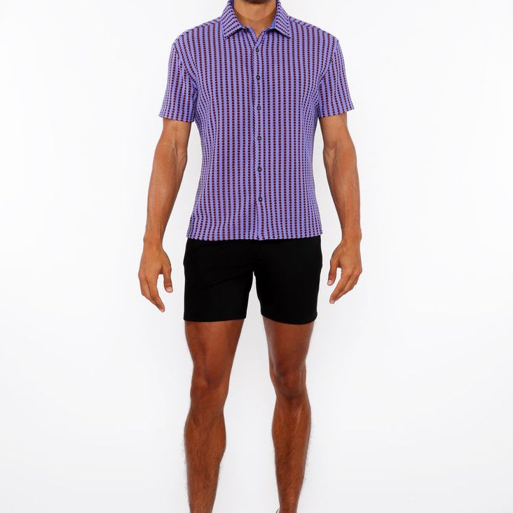 GRAPE/BRICK STRIPE STRETCH OPEN KNIT SHORT SLEEVE SHIRT ST-24062
