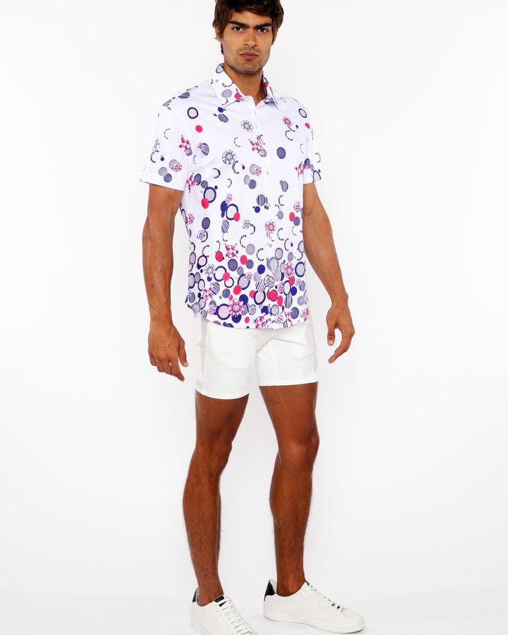 FUCHSIA/NAVY CIRCLES BORDER PRINT COTTON JERSEY KNIT SHORT SLEEVE SHIRT ST-9340