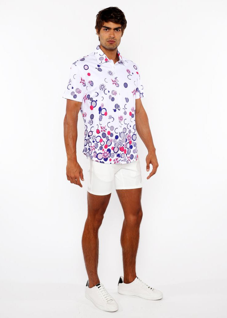 FUCHSIA/NAVY CIRCLES BORDER PRINT COTTON JERSEY KNIT SHORT SLEEVE SHIRT ST-9340