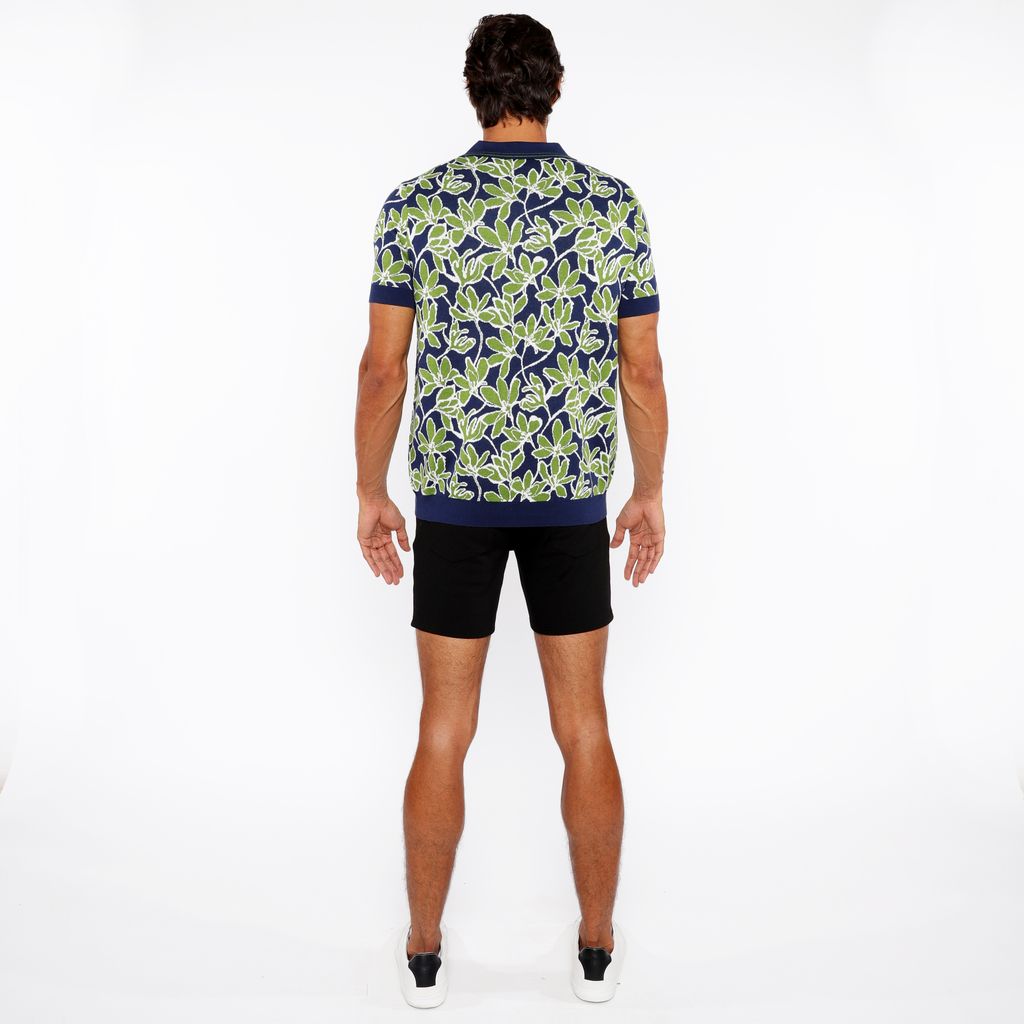 BUD/NAVY FLORAL JACQUARD KNIT 3-BUTTON POLO ST-24307