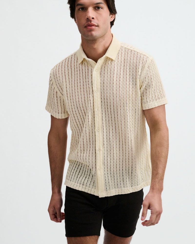 OFF WHITE OPEN KNIT SHORT SLEEVE SHIRT W/RIB COLLAR ST-24076