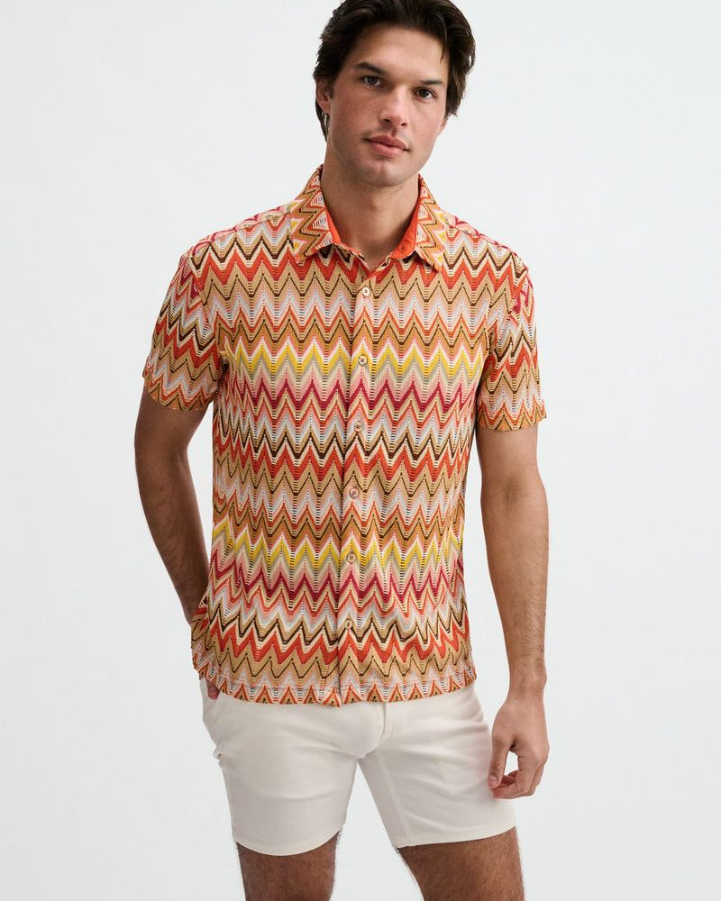 CAMEL/RUST OPEN KNIT STRETCH CHEVRON SHORT SLEEVE SHIRT ST-24079