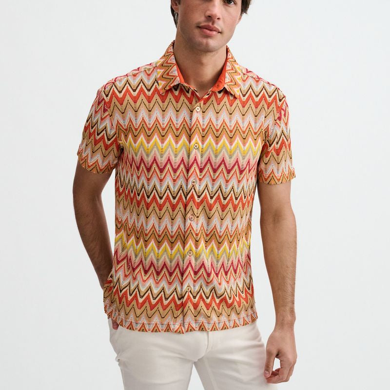 CAMEL/RUST OPEN KNIT STRETCH CHEVRON SHORT SLEEVE SHIRT ST-24079