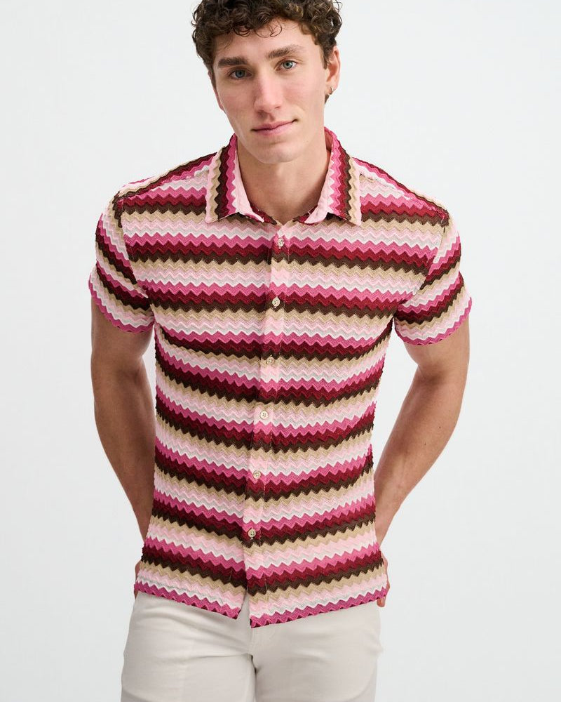 CARMINE/MERLOT OPEN KNIT STRETCH CHEVRON SHORT SLEEVE SHIRT ST-24078