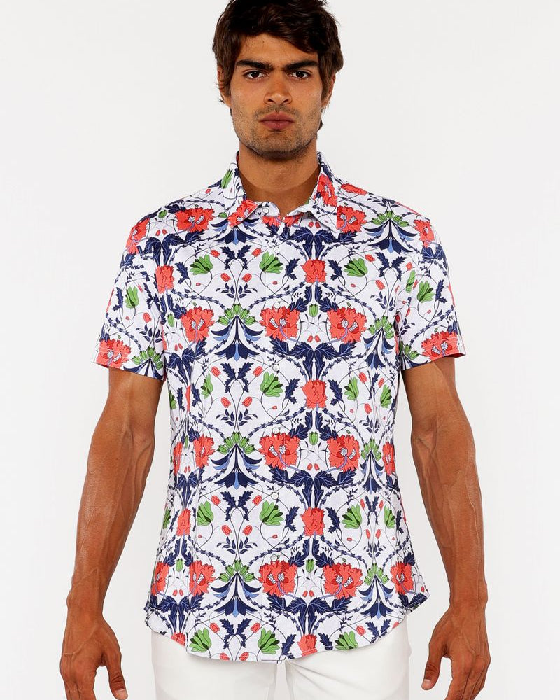 SLATE/SIENNA FLORAL PRINTED COTTON KNIT JERSEY SHORT SLEEVE SHIRT ST-9338