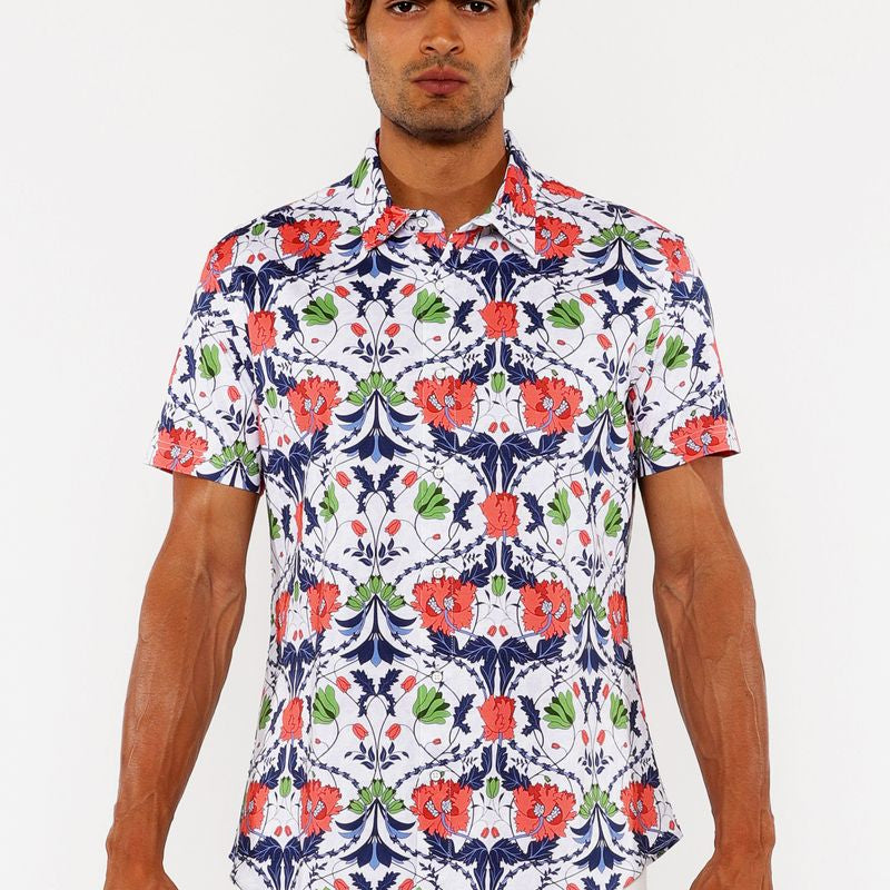 SLATE/SIENNA FLORAL PRINTED COTTON KNIT JERSEY SHORT SLEEVE SHIRT ST-9338