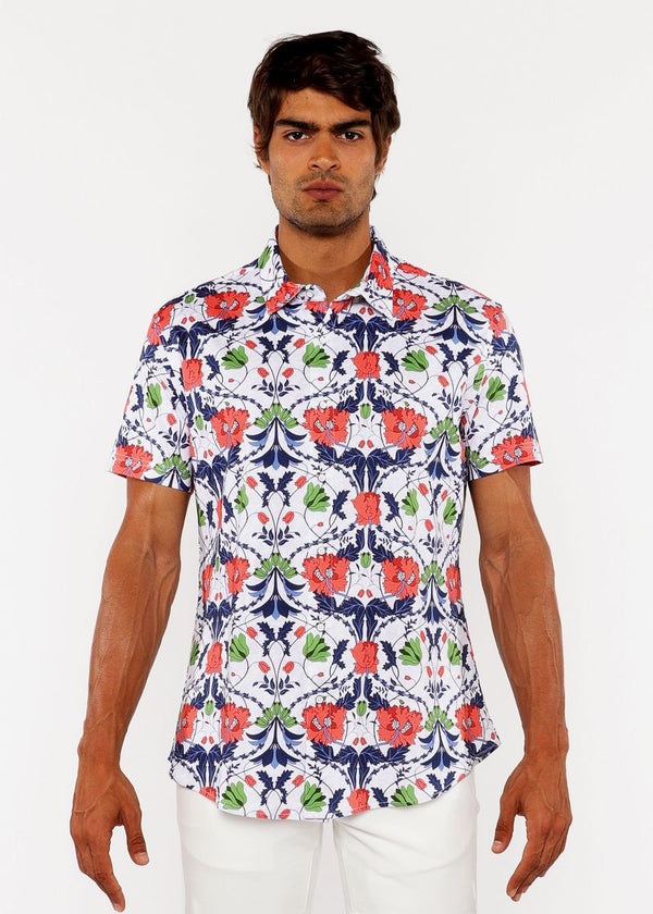 SLATE/SIENNA FLORAL PRINTED COTTON KNIT JERSEY SHORT SLEEVE SHIRT ST-9338