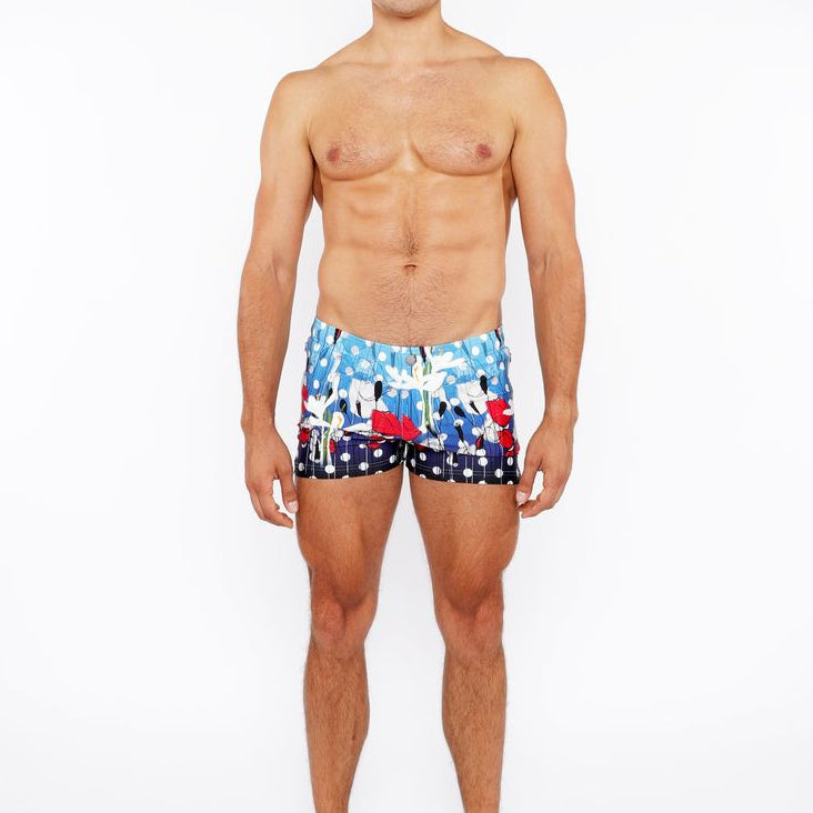 CLOUD/NAVY DOTS FLORAL PRINTED SWIM SHORT W/MESH BRIEF LINING ST-8024-02