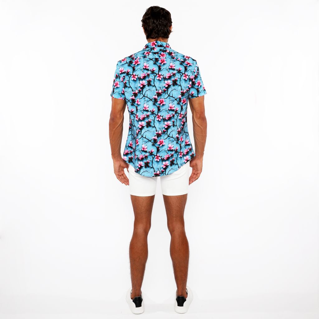 TEAL/CHERRY BLOSSOMS 3D PRINT COTTON JERSEY KNIT SHORT SLEEVE SHIRT W/CONTRAST STRIPE PLACKET ST-9329