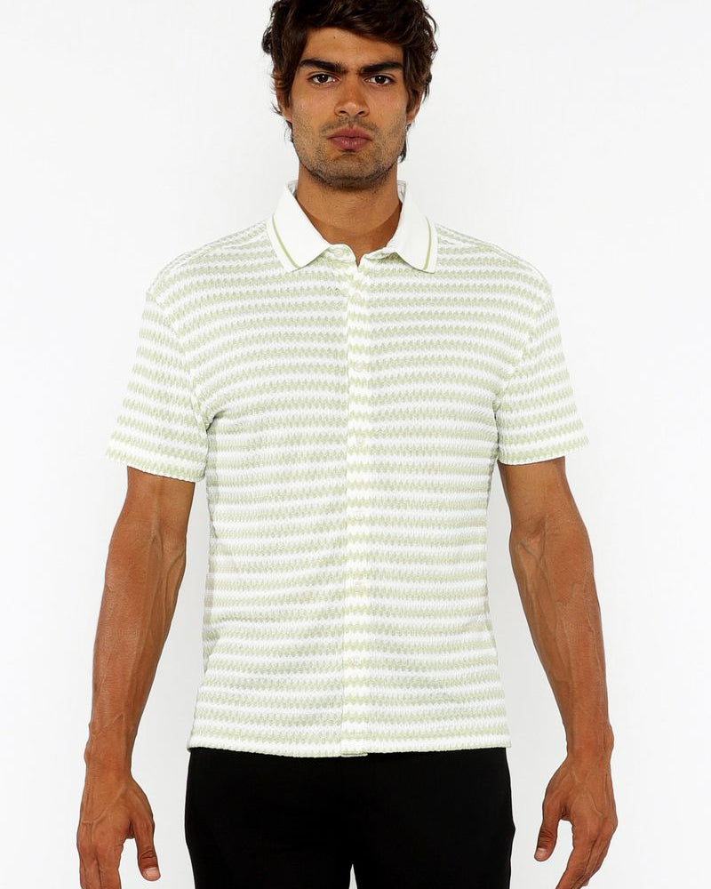 SPEARMINT/WHITE STRETCH OPEN KNIT STRIPES SHORT SLEEVE SHIRT W/ RIB COLLAR ST-24069