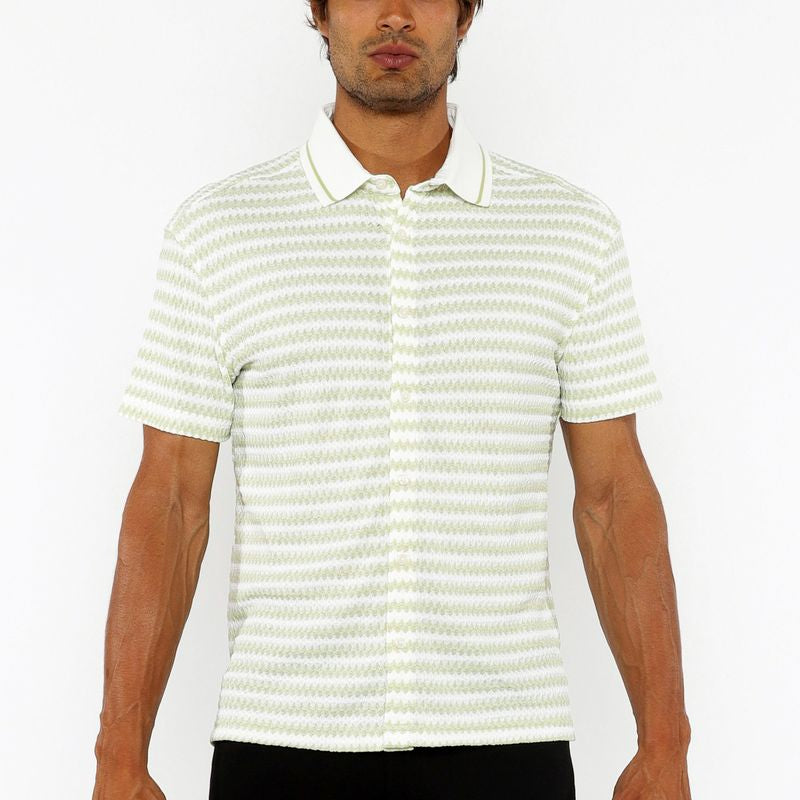 SPEARMINT/WHITE STRETCH OPEN KNIT STRIPES SHORT SLEEVE SHIRT W/ RIB COLLAR ST-24069
