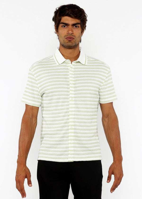 SPEARMINT/WHITE STRETCH OPEN KNIT STRIPES SHORT SLEEVE SHIRT W/ RIB COLLAR ST-24069