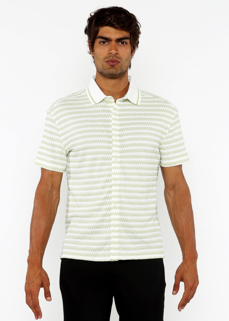 SPEARMINT/WHITE STRETCH OPEN KNIT STRIPES SHORT SLEEVE SHIRT W/ RIB COLLAR ST-24069