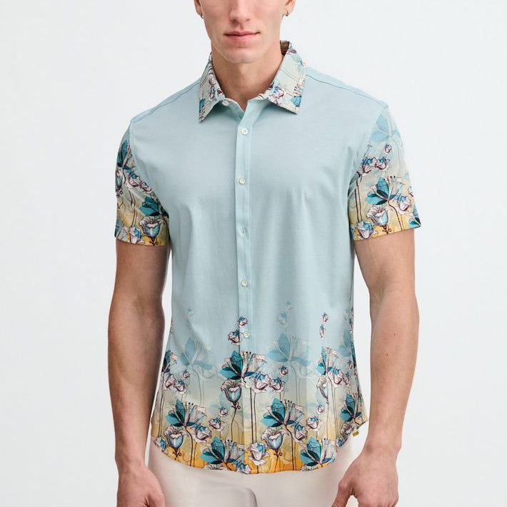 TEAL/OCEAN FLORAL ENGINEERED BORDER PRINT COTTON KNIT JERSEY SHORT SLEEVE SHIRT ST-9352