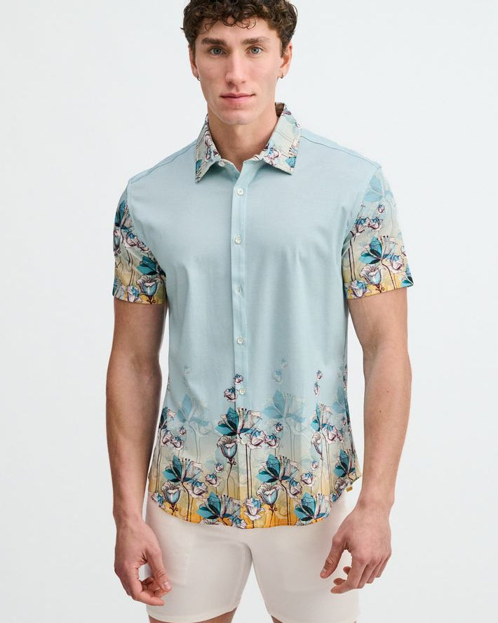 TEAL/OCEAN FLORAL ENGINEERED BORDER PRINT COTTON KNIT JERSEY SHORT SLEEVE SHIRT ST-9352