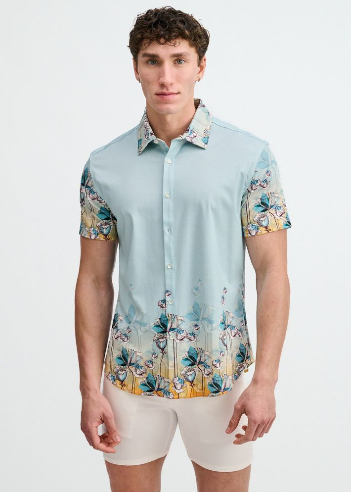 TEAL/OCEAN FLORAL ENGINEERED BORDER PRINT COTTON KNIT JERSEY SHORT SLEEVE SHIRT ST-9352