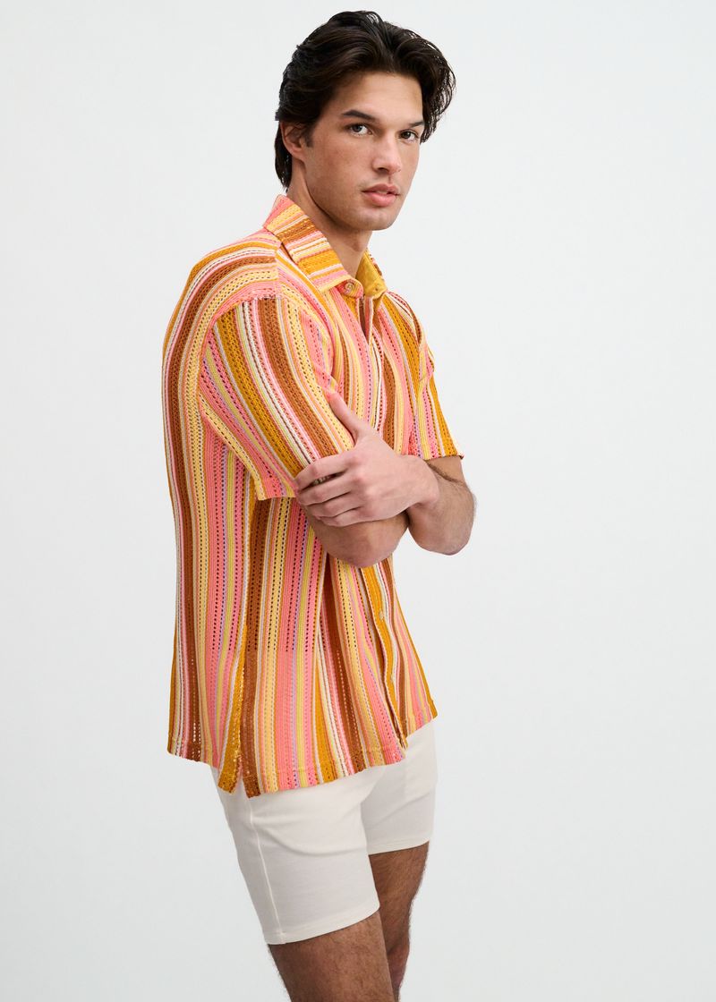 SORBET/CORAL VERTICAL STRIPE OPEN KNIT SHORT SLEEVE SHIRT ST-24073
