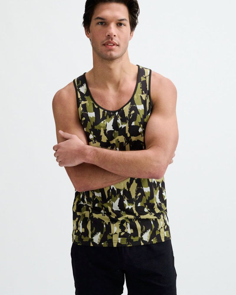 ALOE/BLACK ABSTRACT PRINTED STRETCH MESH PERFORMANCE TANK ST-299