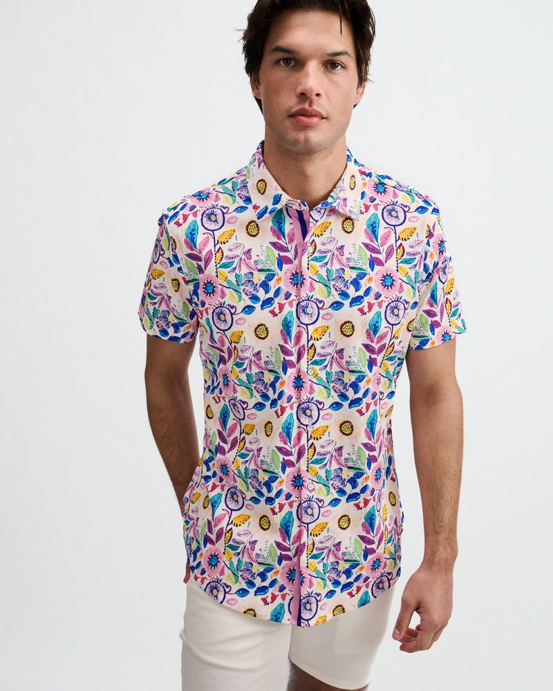 PINK/PURPLE BLOOMS PRINTED COTTON KNIT JERSEY SHORT SLEEVE SHIRT W/PLACKET DETAIL ST-9358