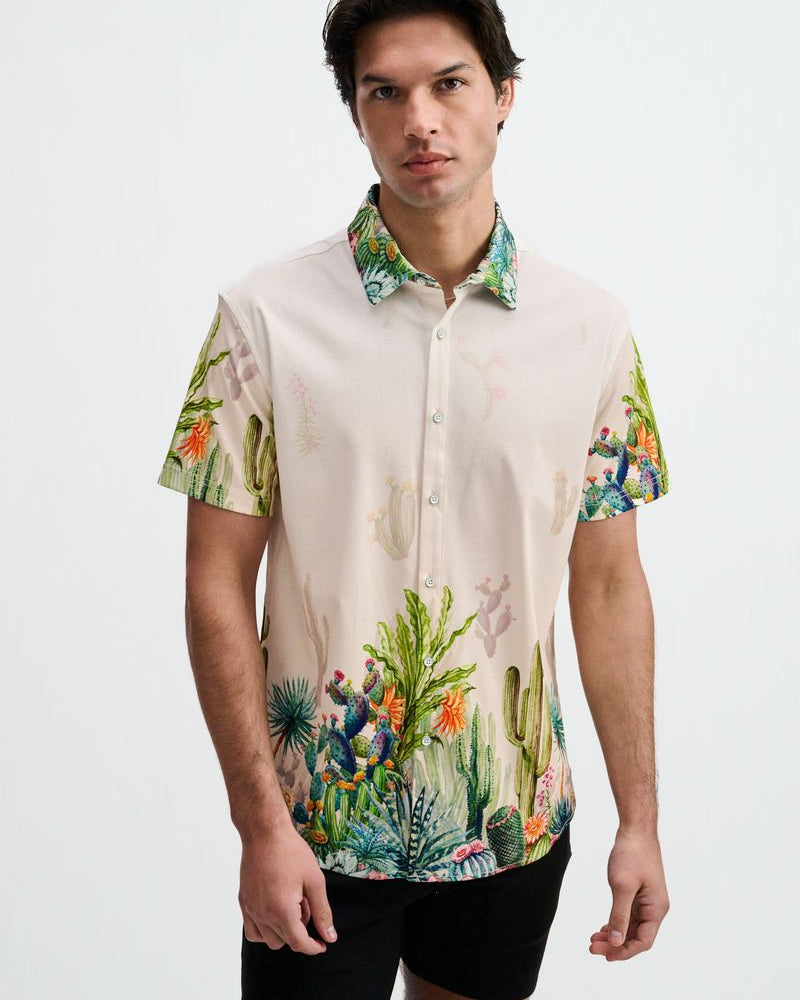 SORBET/GREEN CACTUS ENGINEERED BORDER PRINT COTTON KNIT JERSEY SHORT SLEEVE SHIRT ST-9354