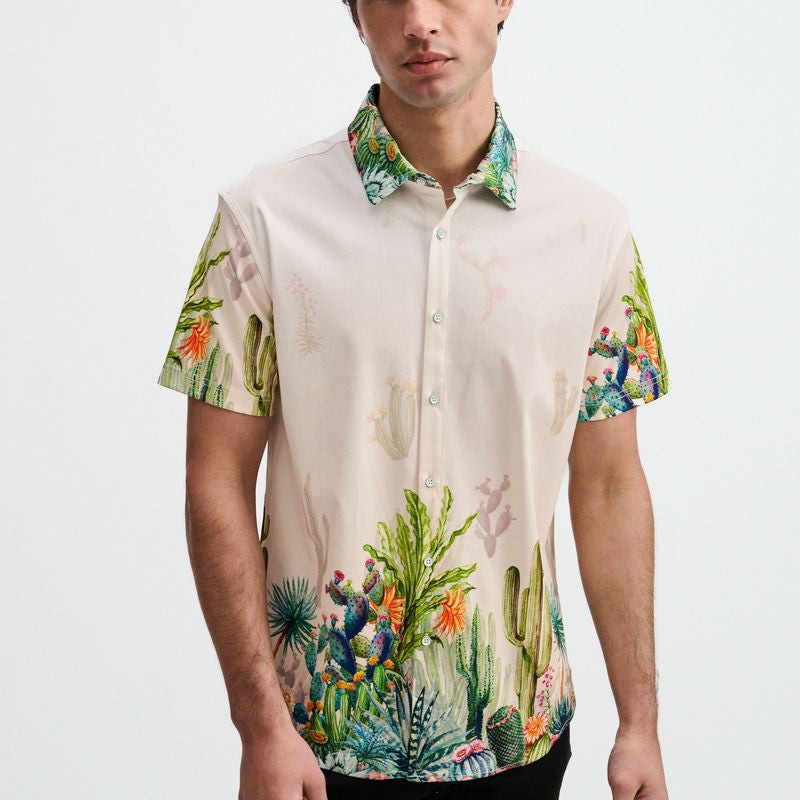 SORBET/GREEN CACTUS ENGINEERED BORDER PRINT COTTON KNIT JERSEY SHORT SLEEVE SHIRT ST-9354