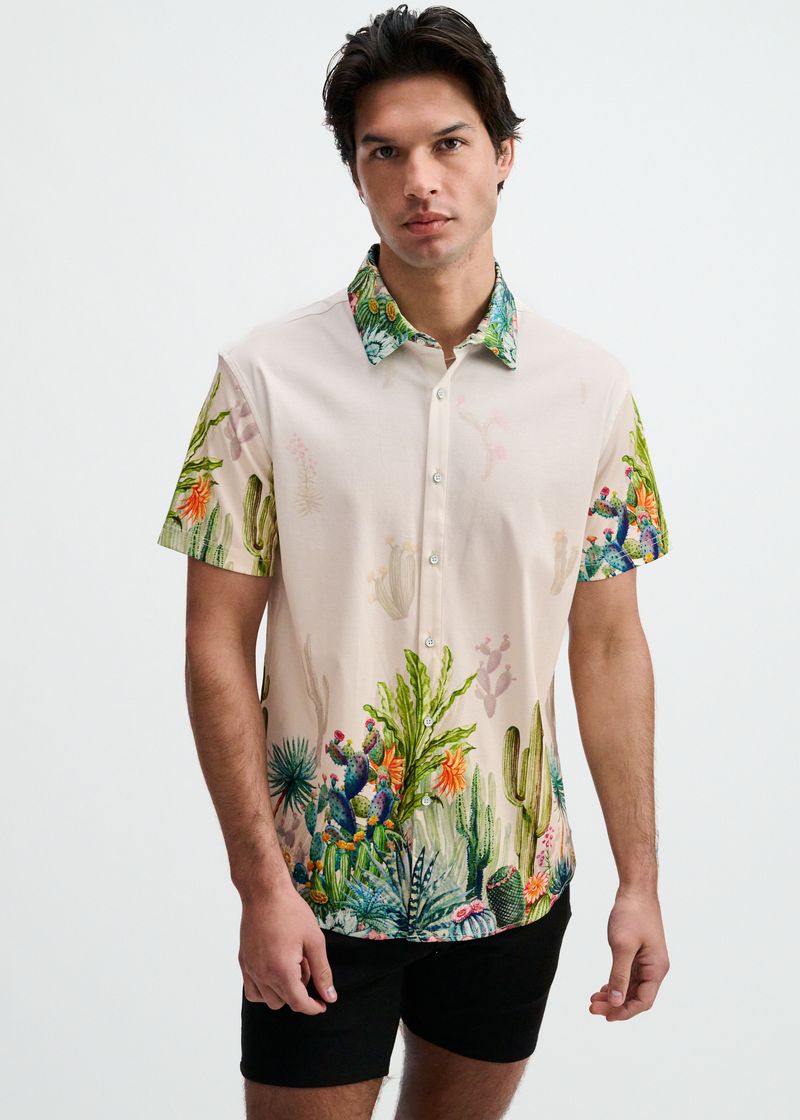 SORBET/GREEN CACTUS ENGINEERED BORDER PRINT COTTON KNIT JERSEY SHORT SLEEVE SHIRT ST-9354